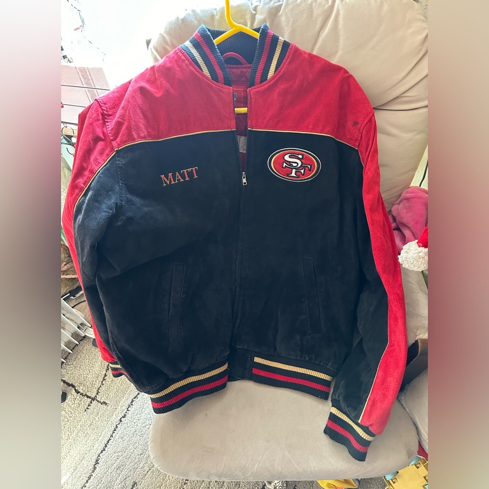 One of a kind 49er suede jacket, embroidered Matt all Super Bowls embroidered